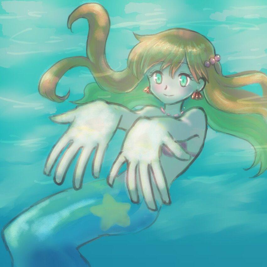 1girl bikini blush breasts bubble earrings gen_1_pokemon green_eyes hair_ornament highres jewelry legs long_hair mermaid mermaid_misty_(pokemon) misty_(pokemon) monster_girl monsterification necklace nintendo nude orange_hair pokemon pokemon_(anime) pokemon_(classic_anime) pokemon_rgby seashell shell shell_bikini smile solo staryu swimsuit underwater water
