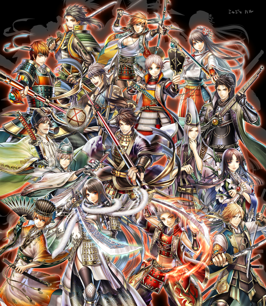 4girls 6+boys armor black_background blonde_hair bow_(weapon) breastplate brown_hair cowboy_shot everyone flower hand_fan haru_(toyst) hat headband highres hime_cut holding holding_sword holding_weapon japanese_armor lance lily_(flower) long_hair looking_at_viewer multiple_boys multiple_girls official_art onimusha_soul original outstretched_arm polearm short_hair simple_background spear standing sword tate_eboshi weapon white_hair