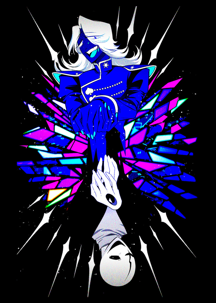2boys :d androgynous aqua_nails bald black_background blue_eyes blue_jacket blue_skin colored_skin commentary_request deltarune fangs flipped_hair hair_over_one_eye heart highres jacket long_hair looking_at_viewer male_focus multiple_boys nail_polish open_mouth own_hands_together rouxls_kaard scar scar_across_eye scar_on_face shirt simple_background smile spade_(shape) taharu_(papiyas) teeth turtleneck turtleneck_jacket turtleneck_shirt undertale upper_teeth_only w.d._gaster white_hair white_shirt white_skin