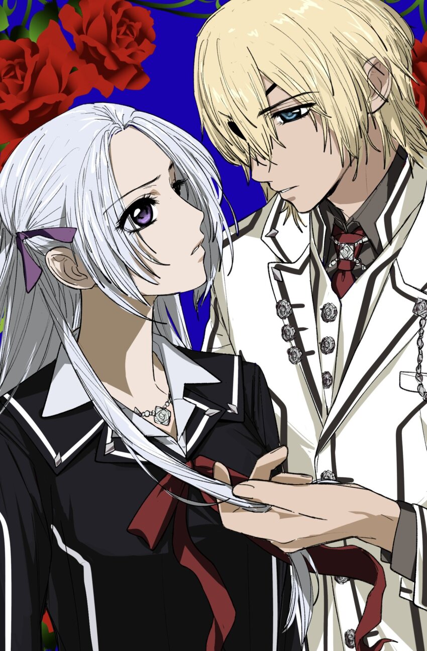 1boy 1girl amikoiiko bead_necklace beads black_jacket blazer blonde_hair blue_eyes breast_pocket brown_shirt closed_mouth commentary_request cosplay cross_academy_school_uniform cross_yuki cross_yuki_(cosplay) dimitri_alexandre_blaiddyd dress_shirt edelgard_von_hresvelg eye_contact eyepatch facing_to_the_side fingernails fire_emblem fire_emblem:_three_houses floral_border flower hair_between_eyes hair_ribbon highres hino_matsuri_(style) holding_another&#039;s_hair jacket jewelry kuran_kaname kuran_kaname_(cosplay) lapels long_hair long_sleeves looking_at_another medium_hair mismatched_eyebrows neck_ribbon necklace necktie nintendo notched_lapels outside_border pocket purple_eyes purple_ribbon red_flower red_necktie red_ribbon red_rose ribbon rose rose_pin school_uniform shirt simple_background sternocleidomastoid_muscle teeth upper_body vampire_knight vest waistcoat white_flower white_hair white_jacket white_rose white_shirt white_vest