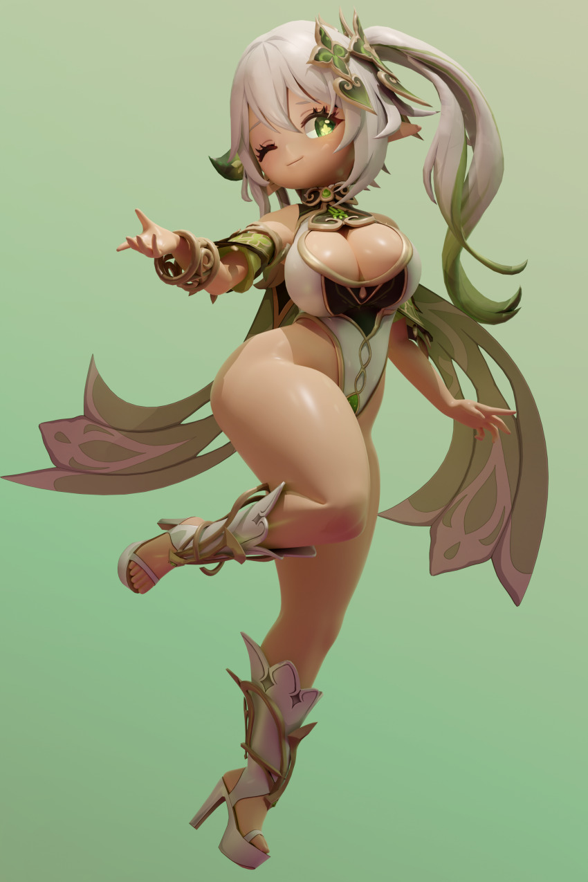 1girl 3d absurdres aged_up alternate_breast_size ass blender_(medium) bracelet breasts cleavage cleavage_cutout clothing_cutout curvy genshin_impact green_eyes hair_ornament high_heels highleg highres huge_ass jewelry large_breasts leotard multicolored_hair nahida_(genshin_impact) non-web_source one_eye_closed pointy_ears side_ponytail smile solo symbol-shaped_pupils tagme thick_thighs thighs white_hair wink