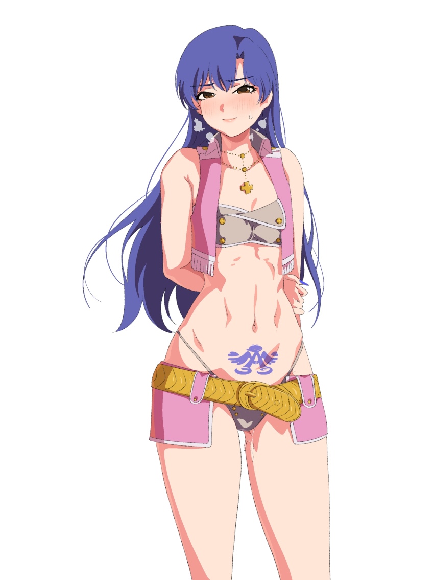 1girl absurdres arms_behind_back blue_hair blue_nails blush brown_eyes closed_mouth cowboy_shot cross cross_necklace flat_chest gold_belt highleg highres idolmaster idolmaster_(classic) idolmaster_2 jewelry kisaragi_chihaya kumako_(kumakonoh) lips long_hair looking_at_viewer luxury_(idolmaster) nail_polish navel necklace pink_diamond_765_(idolmaster) pubic_tattoo pussy_juice simple_background sleeveless solo standing steam stomach sweatdrop tattoo white_background