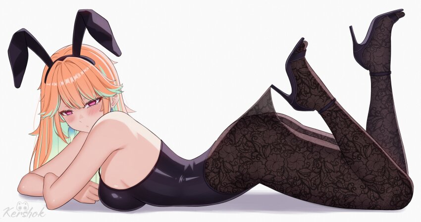 1girl absurdres alternate_costume animal_ears artist_name ass bare_shoulders blush breasts cleavage closed_mouth dot_mouth earrings fake_animal_ears feather_earrings feathers gloves gradient_hair green_hair hand_on_own_cheek hand_on_own_face highres hololive jewelry kershok lace_pantyhose_hooked_on_heel_(meme) large_breasts leotard long_hair looking_at_viewer meme multicolored_hair open_mouth orange_hair playboy_bunny purple_eyes shadow sideboob solo strapless strapless_leotard takanashi_kiara virtual_youtuber white_background