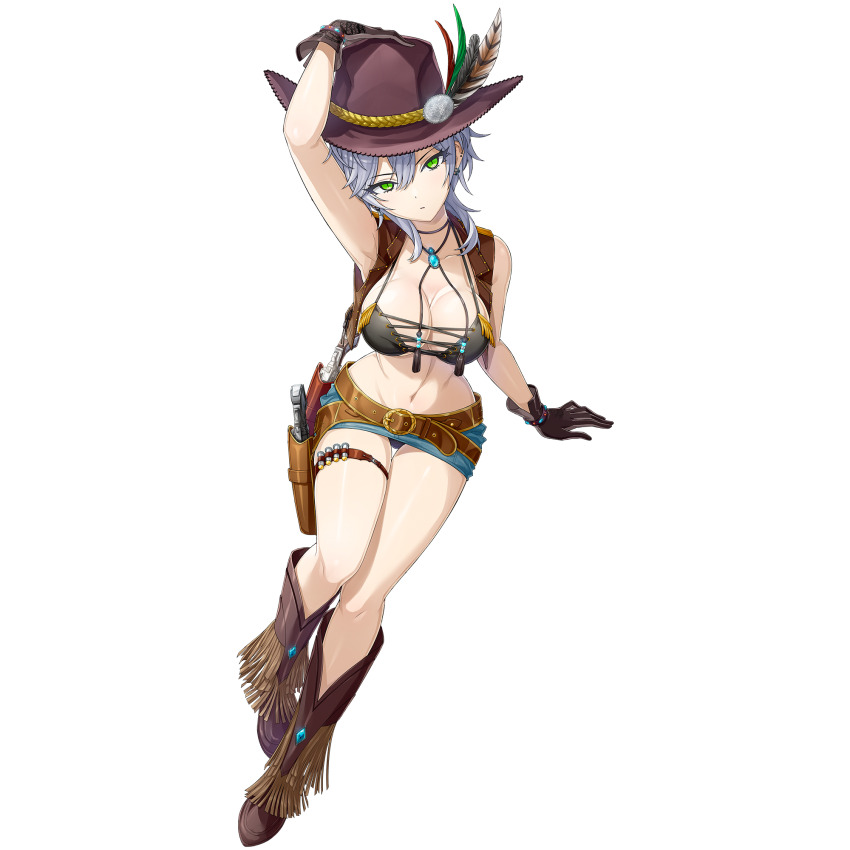 1girl black_gloves bolo_tie boots breasts brown_vest chaps cleavage cowboy cowboy_boots cowboy_hat cowgirl_(western) cross-laced_bra dolphin_wave feather_hat fringe_trim frown game_cg gloves green_eyes grey_hair gun handgun hat highres leather_vest looking_at_viewer medium_breasts navel non-web_source official_alternate_costume official_art ootomo_takuji revolver sarah_anthony short_hair sitting transparent_background vest weapon western