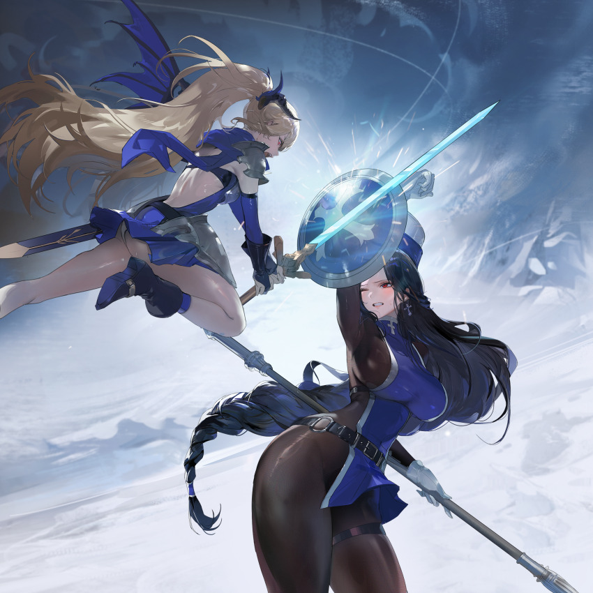 2girls arm_shield artist_request ass bodystocking breasts dragon_wings fighting goddess_of_victory:_nikke guillotine_(nikke) guillotine_(winter_slayer)_(nikke) highres hip_armor ice_flower maiden_(ice_rose)_(nikke) maiden_(nikke) multiple_girls non-web_source official_alternate_costume official_art single_wing wings