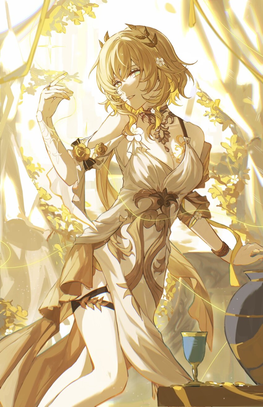 1girl aglaea_(honkai:_star_rail) ancient_greek_clothes blonde_hair breast_tattoo breasts chalice corrupted_twitter_file cup dress flower fu_ga_(vivi912912) gold_tattoo greco-roman_clothes hair_flower hair_ornament hashtag-only_commentary highres honkai:_star_rail honkai_(series) jar large_breasts laurel_crown short_hair solo tattoo thigh_strap thread white_dress