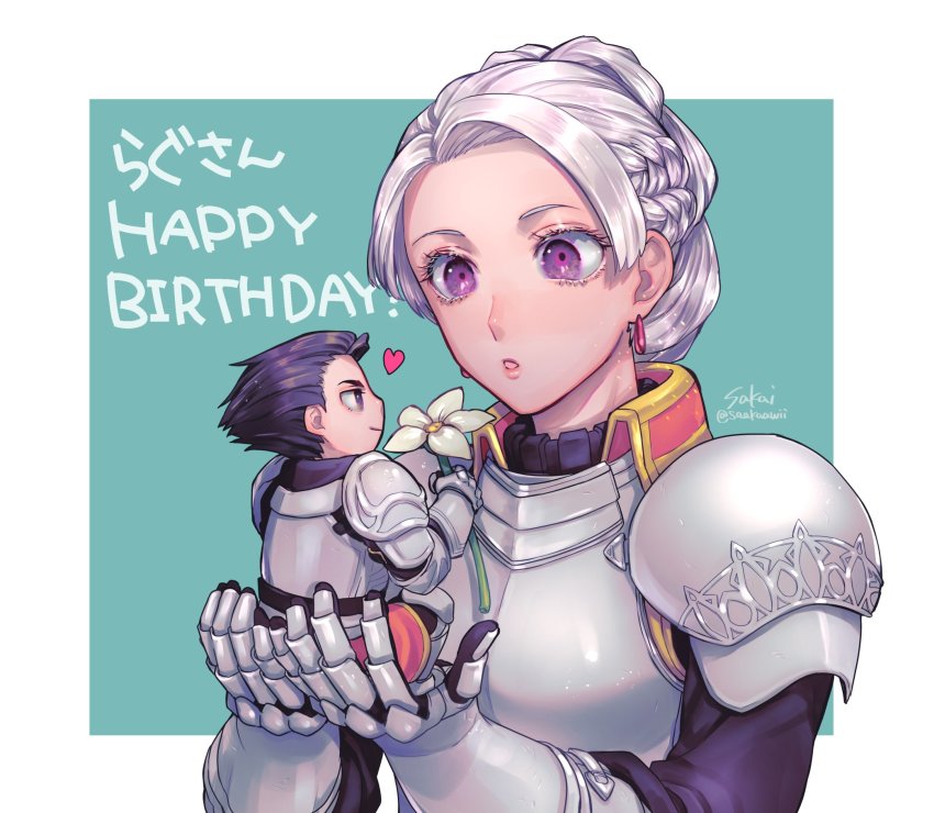 1boy 1girl armor black_hair braid chibi chris_lightfellow closed_mouth earrings flower french_braid gensou_suikoden gensou_suikoden_iii gloves highres jewelry percival_fraulein purple_eyes sakai_(motomei) short_hair silver_hair