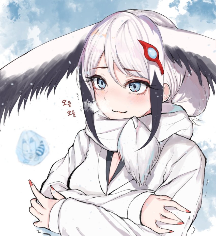 10s 1girl :3 bad_id bad_twitter_id bird_wings black_hair blue_eyes blush breath cold dnsdltkfkd frozen hair_bun head_wings highres kemono_friends korean_commentary long_sleeves lucky_beast_(kemono_friends) multicolored_hair nail_polish oriental_stork_(kemono_friends) scarf short_hair sidelocks single_hair_bun snow translation_request trembling upper_body white_hair wings