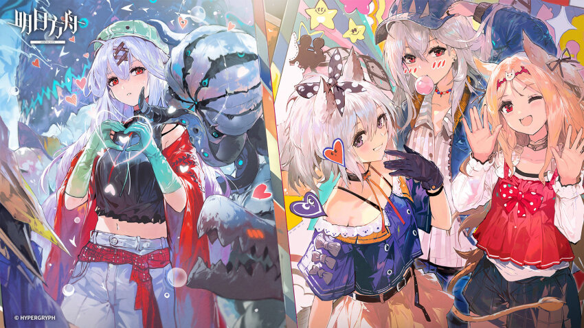 4girls adapted_costume alchemaniac alternate_costume archetto_(arknights) arknights baseball_cap black_gloves black_shirt black_shorts blonde_hair blue_gloves blue_hat blue_shirt chewing_gum collared_shirt copyright_name crop_top denim detached_sleeves dress dual_persona gloves grani_(arknights) grey_eyes grey_hair hair_between_eyes hands_up hat heart heart_hands highres jeans long_hair looking_at_viewer medium_hair multiple_girls off-shoulder_shirt off_shoulder official_art one_eye_closed orange_dress pants pink_shirt ponytail red_eyes red_shirt red_sleeves seaborn_(arknights) shirt shorts skadi&#039;s_seaborn_(arknights) skadi_(arknights) skadi_the_corrupting_heart_(arknights) sleeveless sleeveless_shirt very_long_hair white_hair wide_sleeves