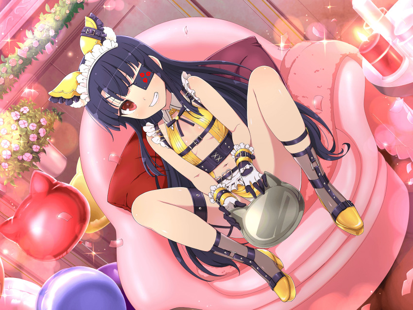 1girl animal_balloon animal_ears apron balloon belt black_belt black_hair black_ribbon black_socks blush breasts candle cat-shaped_tray cat_ears chair chest_belt confetti eyepatch fake_animal_ears fire flower gold_footwear highres indoors long_hair maid maid_apron maid_headdress mirai_(senran_kagura) navel neck_ribbon official_alternate_costume official_art panties pillow pink_flower plant potted_plant red_eyes revealing_clothes ribbon senran_kagura senran_kagura_new_link senran_kagura_shoujo-tachi_no_shin&#039;ei sitting small_breasts smile smirk socks solo sparkle table teeth thigh_strap tomoe_(symbol) underwear very_long_hair white_panties yaegashi_nan
