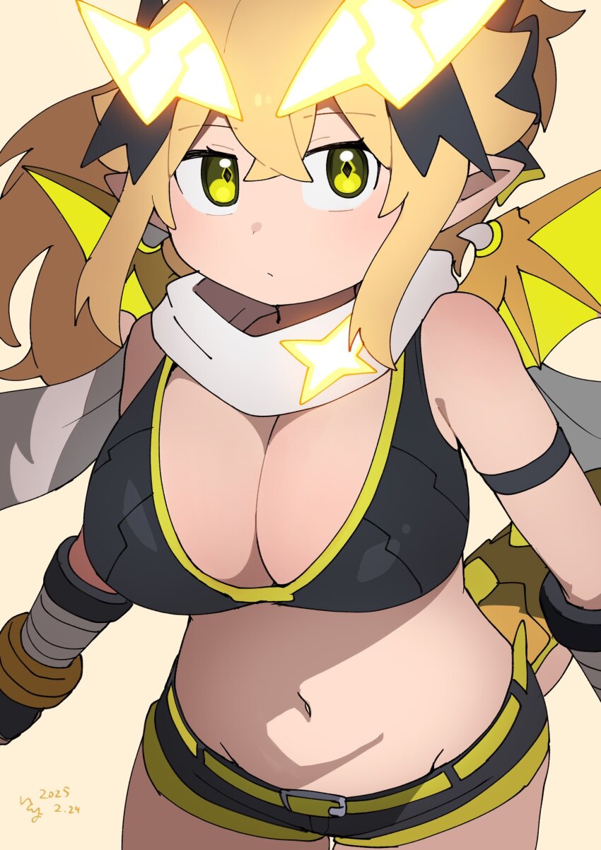 1girl breasts cleavage crossed_bangs dragon_girl dragon_horns dragon_tail dragon_wings fingerless_gloves gloves hair_between_eyes hair_ornament highres horns itoriyo large_breasts lightning_bolt lightning_bolt_hair_ornament lightning_bolt_symbol long_hair navel pointy_ears ponytail raisei_no_ryu_tsukai ribbed_tank_top san-chan short_shorts shorts sidelocks simple_background sports_bra tail taped_arms wings yellow_background