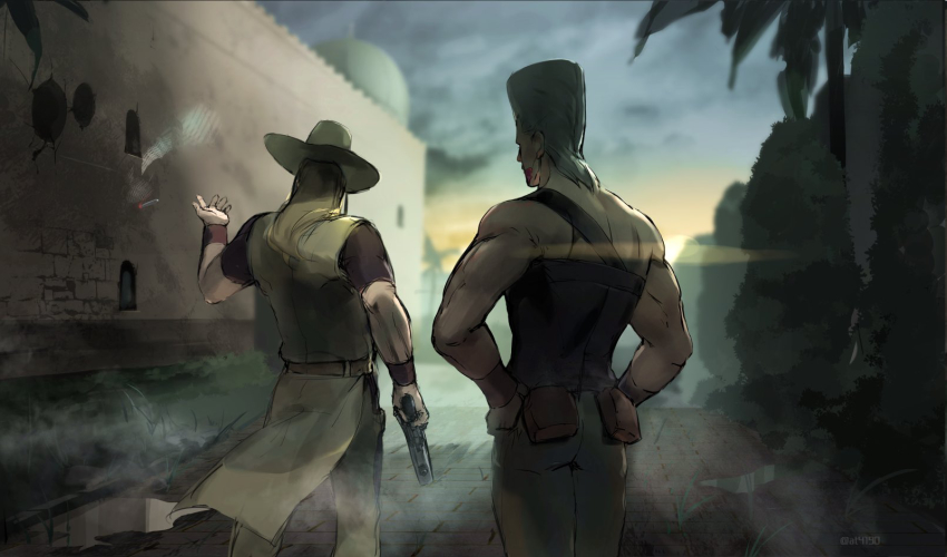 2boys black_shirt blonde_hair blue_sky cloud cloudy_sky earrings egypt emperor_(stand) gun highres hol_horse holding holding_gun holding_weapon jean_pierre_polnareff jewelry jojo_no_kimyou_na_bouken long_hair male_focus multiple_boys outdoors palm_tree pants shirt single_strap sky stand_(jojo) stardust_crusaders tree weapon white_hair white_pants yellow_shirt zouhyou_(at4190)