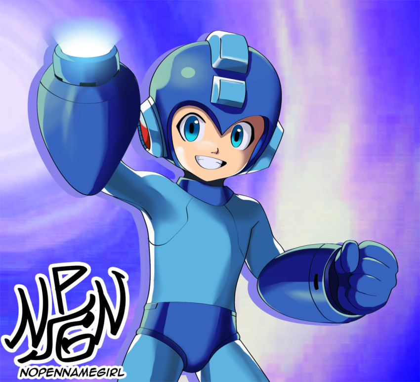 1boy android artist_name blue_background blue_eyes cannon capcom gradient_background helmet mega_man_(character) mega_man_(series) nopennamegirl purple_background robot signature smile teeth