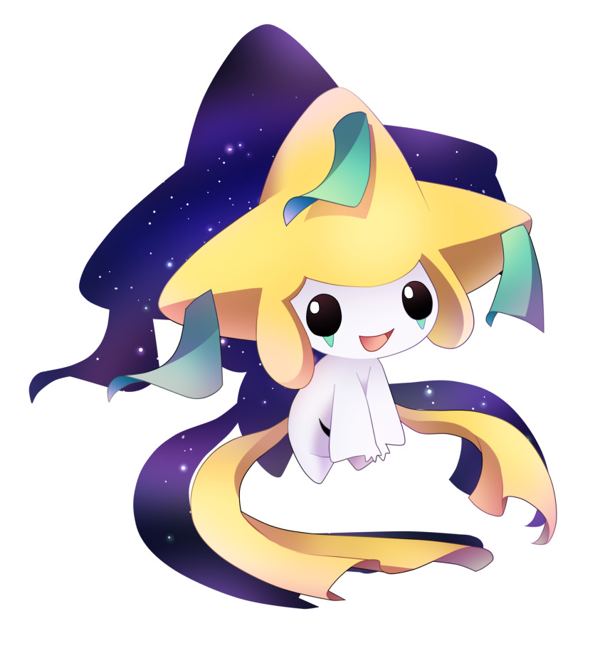 bright_pupils commentary_request floating full_body gen_3_pokemon highres jirachi legendary_pokemon mythical_pokemon nintendo no_humans open_mouth pokemon pokemon_(creature) simple_background solo star_(symbol) tanzaku white_background white_pupils yon_(4km_105)