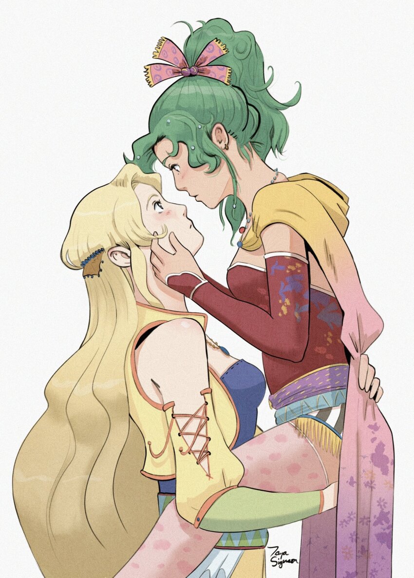 2girls blue_shirt blush breasts carrying carrying_person celes_chere crown dress eye_contact feet_out_of_frame final_fantasy final_fantasy_vi gradient_cape hair_ornament hair_ribbon hands_on_another&#039;s_face hands_on_another&#039;s_thighs highres long_hair looking_at_another multiple_girls pantyhose ponytail red_dress ribbon shirt signature sleeveless sleeveless_dress tayasigerson tina_branford upper_body vest yellow_vest yuri