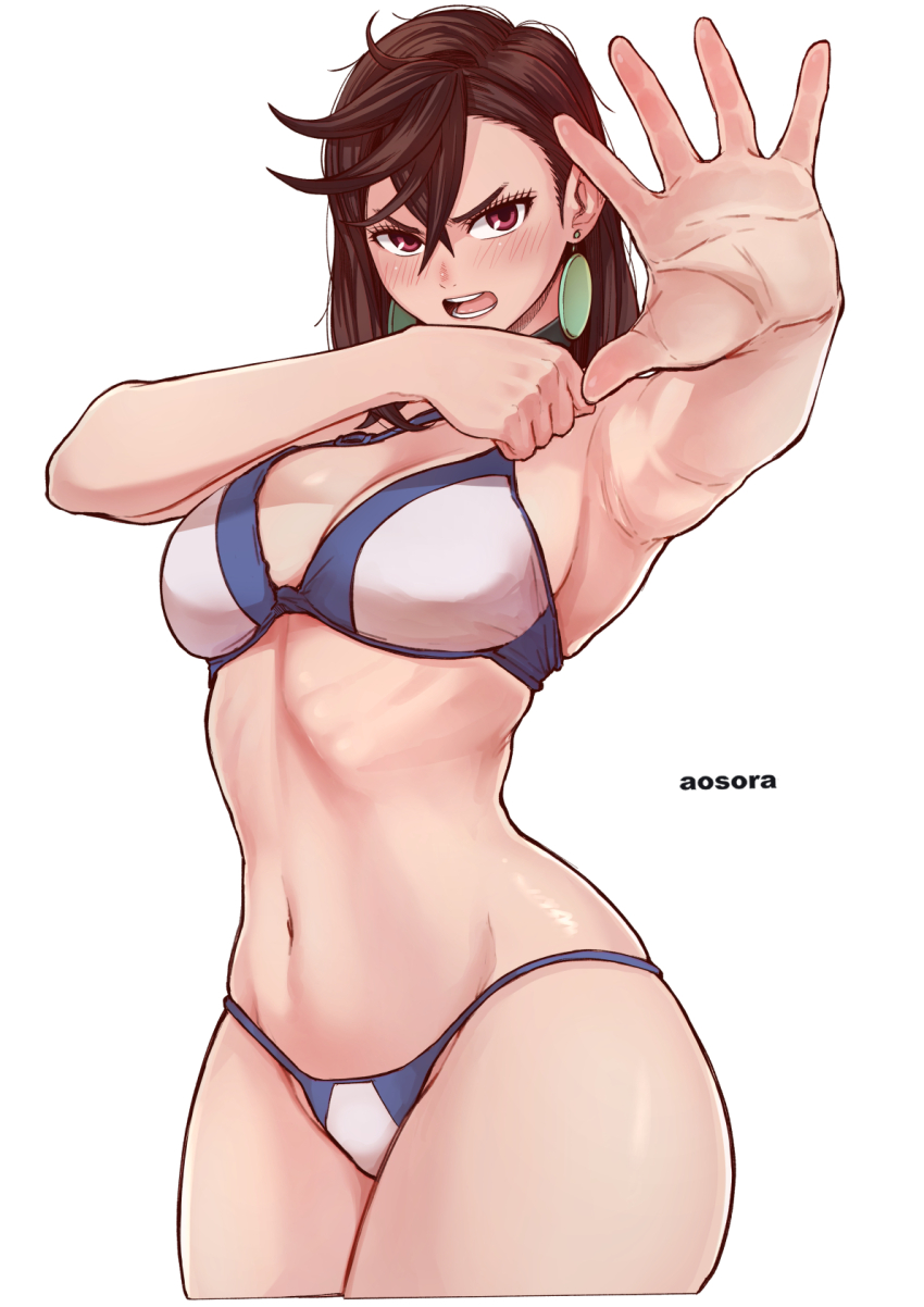 1girl aosora2823 armpits artist_name ayase_momo blue_bra blue_panties bra breasts brown_eyes brown_hair dandadan earrings highres jewelry large_breasts looking_at_viewer multicolored_bra multicolored_panties navel outstretched_arm panties short_hair simple_background underwear white_background white_bra white_panties