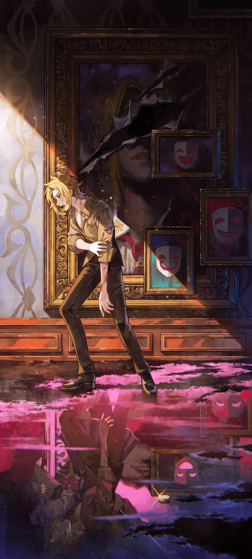 1boy 1girl absurdres black_pants black_shoes blonde_hair blood breast_pocket brown_shirt character_request coin collared_shirt commentary_request cuts different_reflection fangs glint highres hugo_vlad injury kyuuba_melo light_particles male_focus mole mole_under_eye official_art open_mouth pants parted_bangs picture_frame pocket pointy_ears puddle red_eyes reflection second-party_source shirt shoes short_hair solo_focus standing teeth three-quarter_sleeves torn_clothes torn_shirt v-shaped_eyebrows water zenless_zone_zero