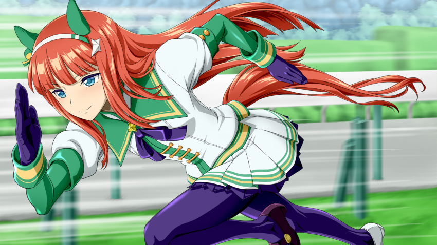 1girl afterimage animal_ears asymmetrical_footwear blue_eyes blunt_bangs bow bowtie ear_covers from_side gloves hairband highres hime_cut horse_ears horse_girl horse_racing_track horse_tail kitsutsuki_(dzgu4744) long_hair mismatched_footwear orange_hair orange_tail pantyhose pleated_skirt purple_bow purple_bowtie purple_gloves purple_pantyhose running silence_suzuka_(umamusume) skirt smile solo tail textless_version umamusume variant_set white_hairband white_skirt
