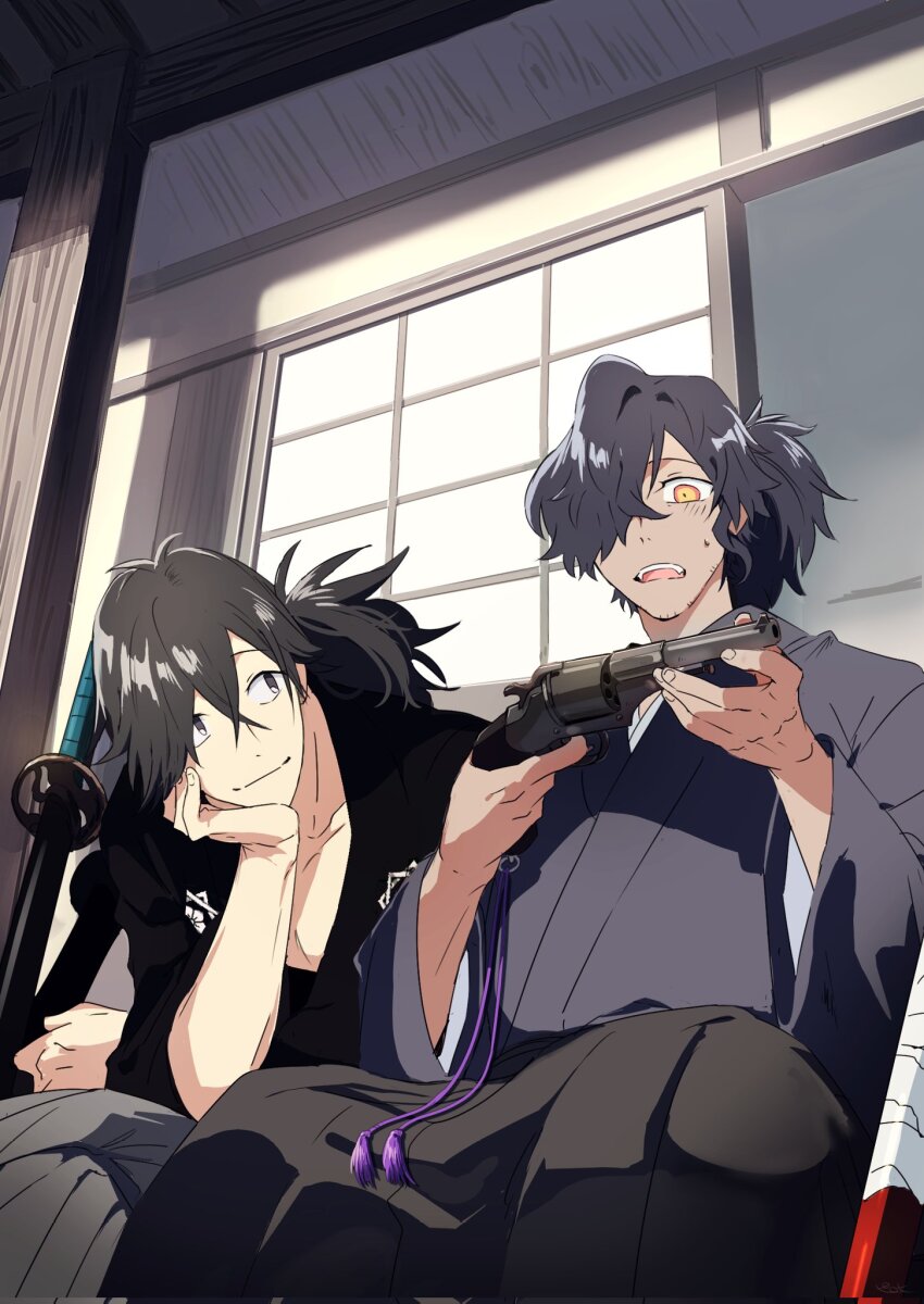 2boys awestruck black_eyes black_hair black_hakama black_kimono commentary crossed_bangs facial_hair fangs fate/grand_order fate_(series) feet_out_of_frame finger_on_trigger grey_hakama grey_kimono gun hair_between_eyes hair_over_one_eye hakama hand_on_own_cheek hand_on_own_face handgun head_rest highres holding holding_gun holding_weapon japanese_clothes katana kimono light_blush looking_at_another looking_at_object low_ponytail male_focus multiple_boys okada_izou_(fate) open_mouth orange_eyes pirohi_(pirohi214) ponytail revolver sakamoto_clan_(emblem) sakamoto_ryouma_(fate) sakamoto_ryouma_(lancer)_(fate) sheath sheathed shouji sitting sliding_doors smile stubble sword symbol-only_commentary tassel teeth upper_teeth_only veranda weapon