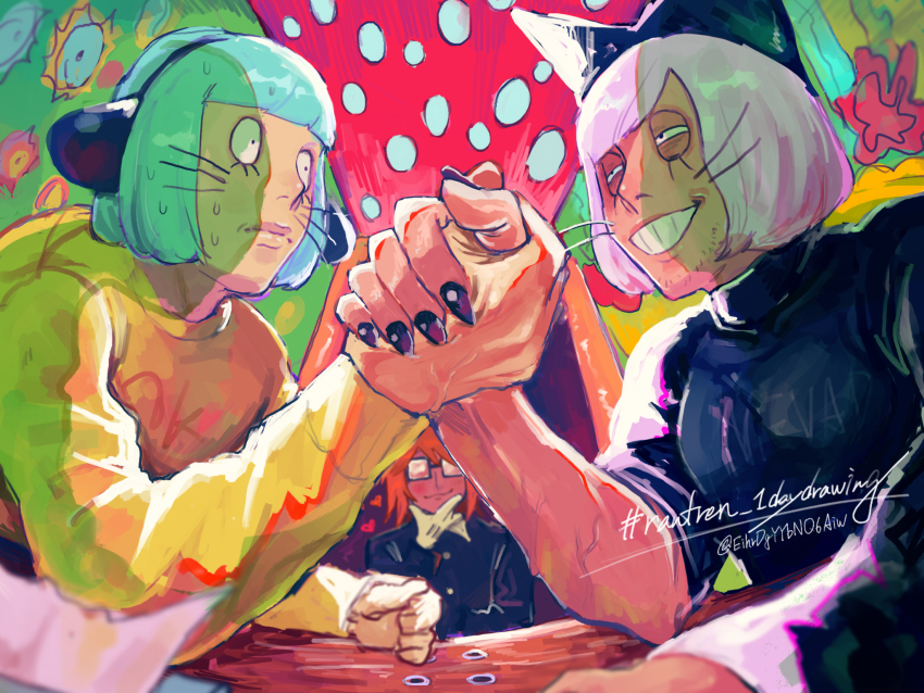 3boys animal_hat arm_wrestling black_eyes blue_hair cat_hat commentary_request eihrdgyybnq6aiw fingernails hat highres holding_hands indoors looking_at_another male_focus multiple_boys nyen_(randal&#039;s_friends) nyon_(randal&#039;s_friends) pink_hair randal&#039;s_friends randal_ivory sharp_fingernails short_hair table tissue_box veins whiskers