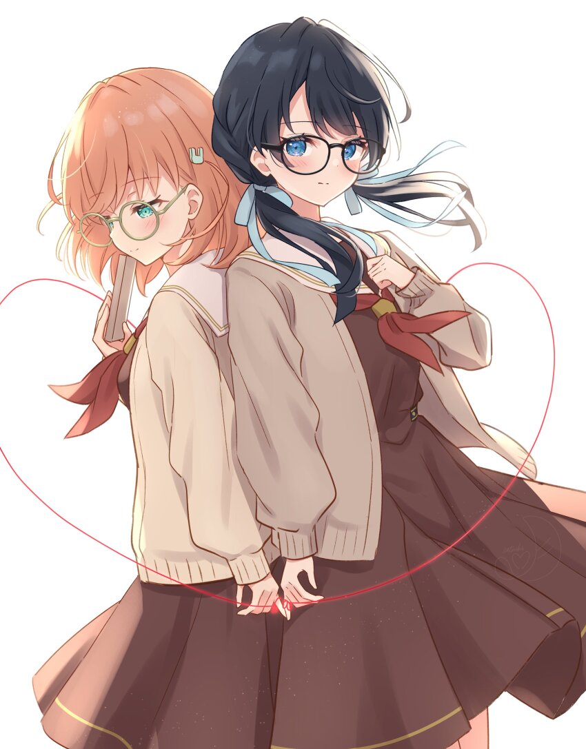 2girls absurdres aqua_eyes back-to-back black-framed_eyewear black_hair blue_eyes blue_ribbon breasts brown_cardigan brown_dress cardigan clenched_hand closed_mouth commentary cowboy_shot crossed_bangs dress floating_hair glasses hair_ornament hair_ribbon half-closed_eyes hanazora_satsuki hashtag-only_commentary hasu_no_sora_school_uniform highres hinoshita_kaho link!_like!_love_live! long_hair long_sleeves looking_at_viewer love_live! low_twintails medium_breasts medium_dress medium_hair multiple_girls murano_sayaka neckerchief open_cardigan open_clothes orange_hair pinky_out rabbit_hair_ornament red_neckerchief ribbon sailor_collar sailor_dress school_uniform simple_background smile split_mouth string string_of_fate string_on_pinky twintails two_side_up virtual_youtuber white_background white_sailor_collar winter_uniform yellow-framed_eyewear yuri