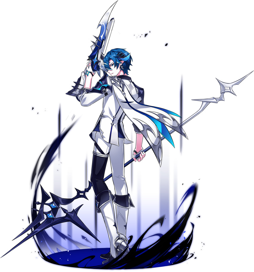 1boy armor armored_boots bandaged_fingers bandages blue_hair boots cape ciel_(elsword) closed_mouth collared_jacket cross cross_earrings cross_print cup dress_pants dual_persona earrings elsword fingerless_gloves from_behind full_body game_cg glaive_(polearm) gloves grey_boots hair_between_eyes high_heel_boots high_heels highres holding holding_cup holding_polearm holding_weapon hwansang jacket jewelry light_particles looking_at_viewer looking_back magic male_focus official_art pants pauldrons pointy_ears pointy_nose polearm second-party_source short_hair shoulder_armor single_fingerless_glove solo standing tachi-e transparent_background weapon white_cape white_gloves white_jacket white_pants