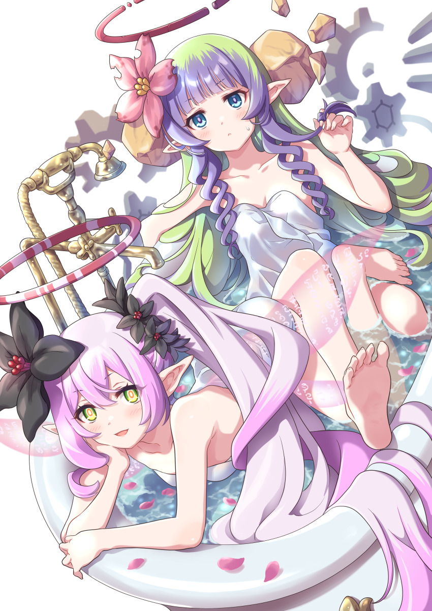 2girls absurdres ameth_(princess_connect!) asymmetrical_hair bath black_flower blue_eyes blush breasts broken_halo collarbone drill_hair drill_sidelocks fairy_wings feet floating_rock flower gears green_eyes green_hair hair_flower hair_ornament halo highres long_hair multicolored_hair multiple_girls naked_towel partially_submerged petals pink_flower pointy_ears princess_connect! purple_hair red_halo side_ponytail sidelocks small_breasts soles tia_(princess_connect!) toes towel tsukachii two-tone_hair wings