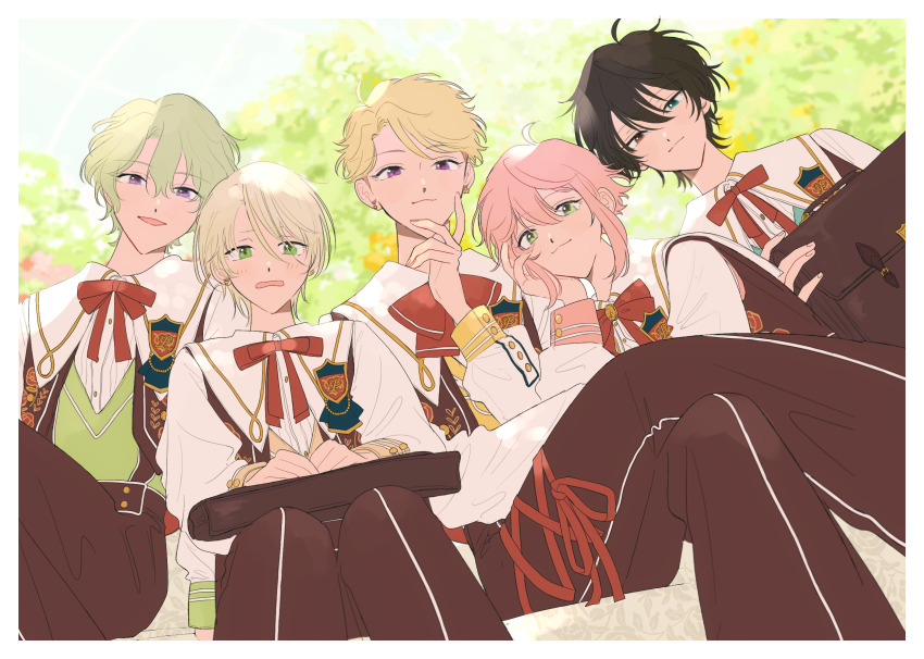 5boys :3 bag_on_lap bishounen border bow bowtie briefcase brown_bag brown_pants dappled_sunlight dress_shirt ensemble_stars! foliage from_below hair_between_eyes highres himemiya_tori kagehira_mika kyo_sla_1415 layered_clothes leaning_on_person long_sleeves looking_at_viewer male_focus matching_outfits multiple_boys narukami_arashi outdoors outside_border pants red_bow school_briefcase shiratori_aira_(ensemble_stars!) shirt shoulder-to-shoulder sitting sunlight tomoe_hiyori vest white_border white_shirt