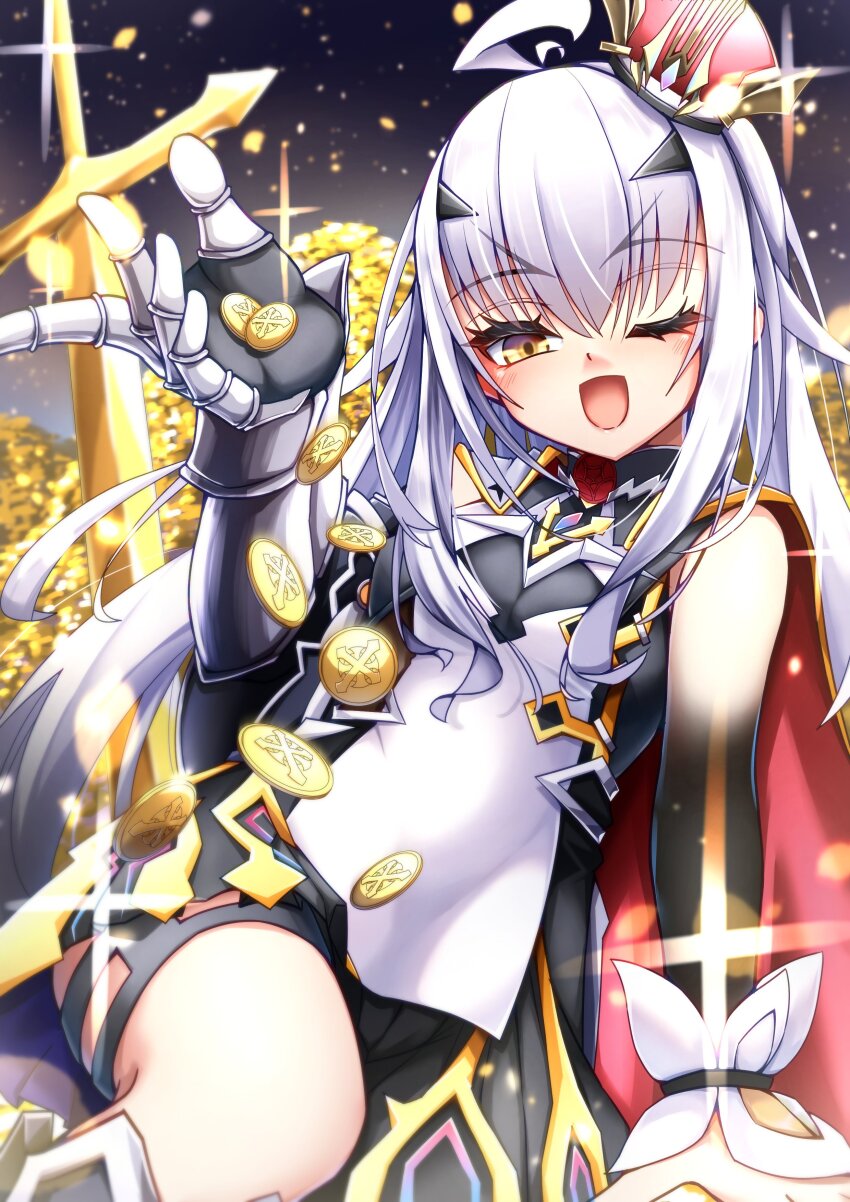 absurdres armor bare_shoulders black_skirt blush breasts coin crown detached_sleeves dress fate/grand_order fate_(series) forked_eyebrows gauntlets gold_coin gold_trim greaves highres long_hair looking_at_viewer melusine_(fate) melusine_(the_treasure)_(fate) one_eye_closed open_mouth pile_of_money r3_type short_dress sidelocks silver_trim single_gauntlet sitting skirt small_breasts smile sword tail treasure_chest weapon white_dress white_hair wings yellow_eyes