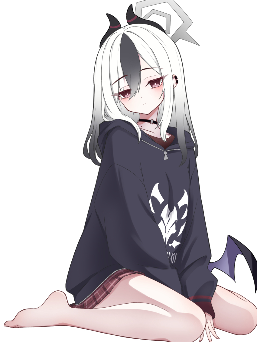 1girl barefoot black_choker black_hair black_hoodie black_horns blue_archive bright_pupils choker closed_mouth collarbone demon_horns demon_wings ear_piercing earclip gradient_hair grey_halo hair_between_eyes halo highres hncstk hood hood_down hoodie horns kayoko_(blue_archive) long_hair looking_at_viewer mole mole_on_collarbone multicolored_hair piercing pleated_skirt problem_solver_68_(blue_archive) red_eyes red_skirt sidelocks simple_background single_wing sitting skirt solo thighs two-tone_hair wariza white_background white_hair white_pupils wings zipper