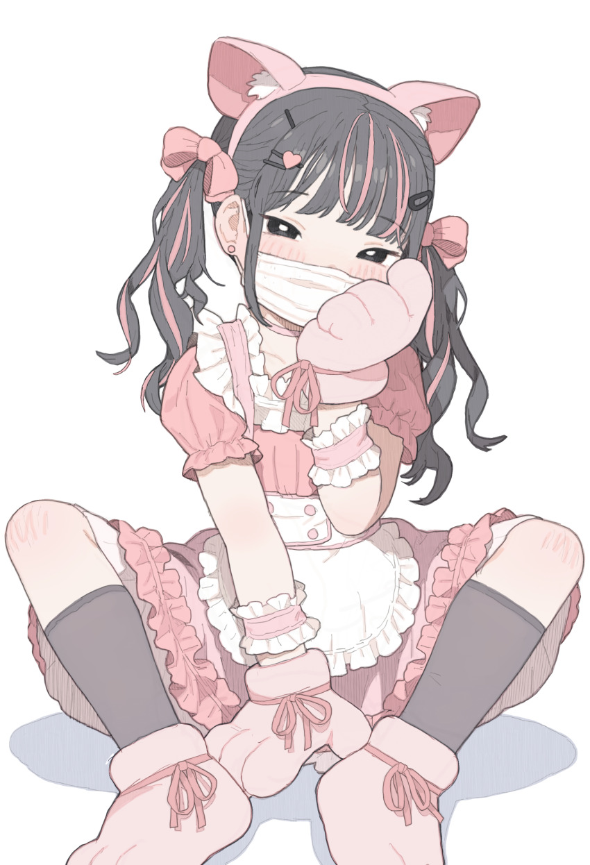 1girl absurdres animal_ear_hairband animal_ears animal_hands apron black_eyes bow bright_pupils choker commentary dress earrings english_commentary fake_animal_ears frilled_apron frills full_body gloves grey_hair grey_socks hair_bow hair_ornament hairband hairclip heart heart_hair_ornament highres jewelry long_hair looking_at_viewer mask mixed-language_commentary mouth_mask multicolored_hair original paw_gloves paw_shoes pink_bow pink_choker pink_dress pink_gloves pink_hair pink_shoes possummachine shoes short_sleeves sitting socks solo streaked_hair stud_earrings two-tone_hair white_apron white_pupils