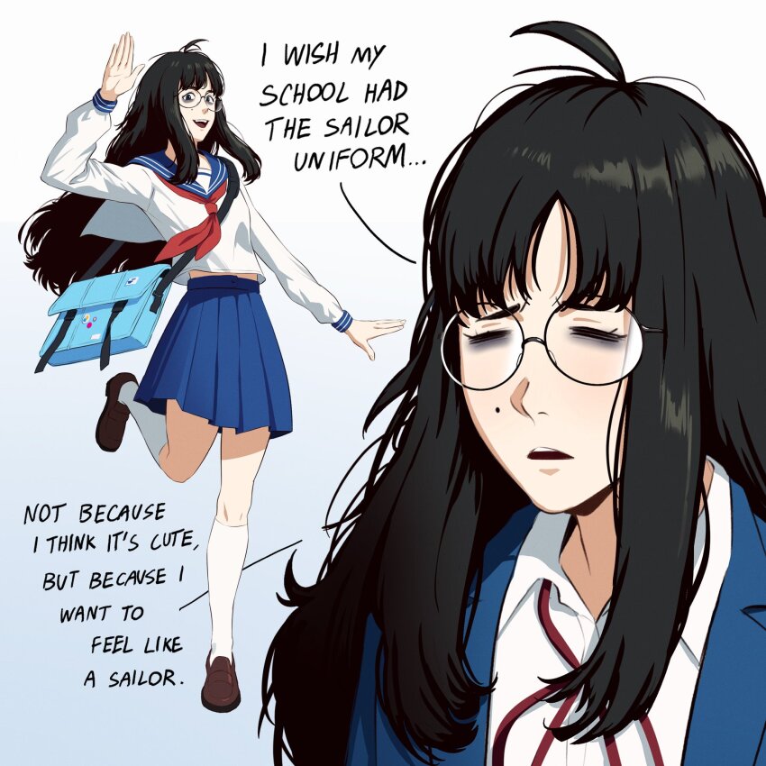 1girl antenna_hair bags_under_eyes black_hair blue_skirt english_text francisco_mon glasses highres long_hair messy_hair mole mole_under_eye neckerchief open_mouth original pleated_skirt red_neckerchief round_eyewear sailor_collar school_uniform serafuku shirt skirt umi_(francisco_mon)