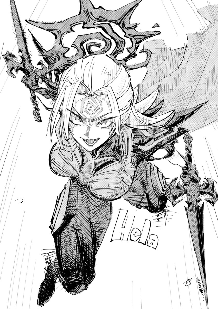 1girl breasts cape hela_(marvel) highres holding large_breasts long_hair looking_at_viewer marvel marvel_rivals monochrome simple_background smile solo superebiseeeen thor_(marvel)_(series) white_background