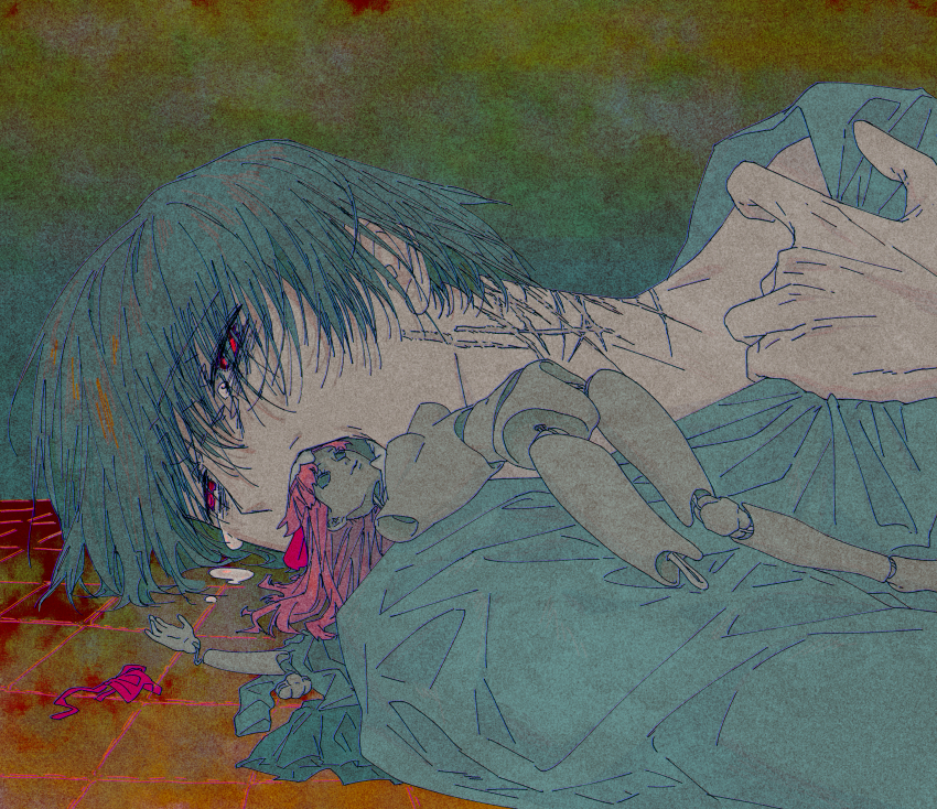 1boy abstract_background absurdres alternate_hair_color bags_under_eyes blue_background blue_hair blue_robe broken_doll character_doll chinese_commentary clutching_clothes commentary_request crying crying_with_eyes_open doll green_background hair_over_eyes highres hitomi_hirosuke_(sayonara_wo_oshiete) lying male_focus mouth_hold multicolored_background multiple_scars on_back on_floor open_mouth red_eyes robe sayonara_wo_oshiete scar scar_on_neck short_hair solo tears tile_floor tiles ueno_koyori upper_body variant_set yanquan_shui_bu_xing
