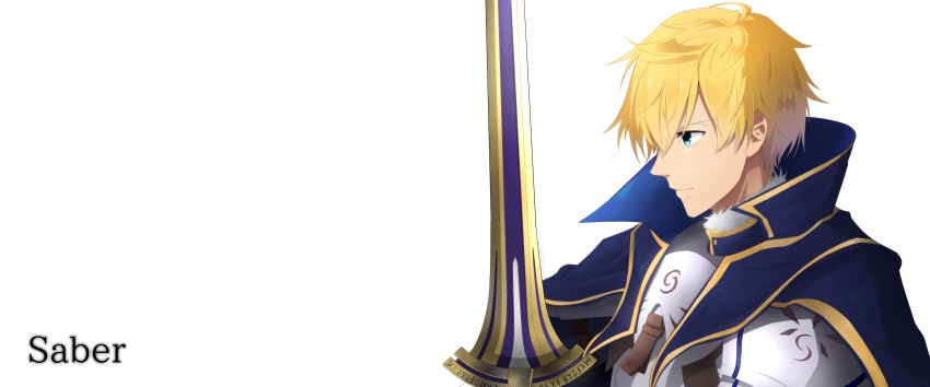 1boy absurdres armor arthur_pendragon_(fate) bad_id bad_pixiv_id blonde_hair blue_cape breastplate cape choco_(chocovix112) excalibur_(fate/prototype) fate/prototype fate_(series) green_eyes hair_between_eyes highres looking_away male_focus pixiv_fate/grand_order_contest_2 profile simple_background solo white_background