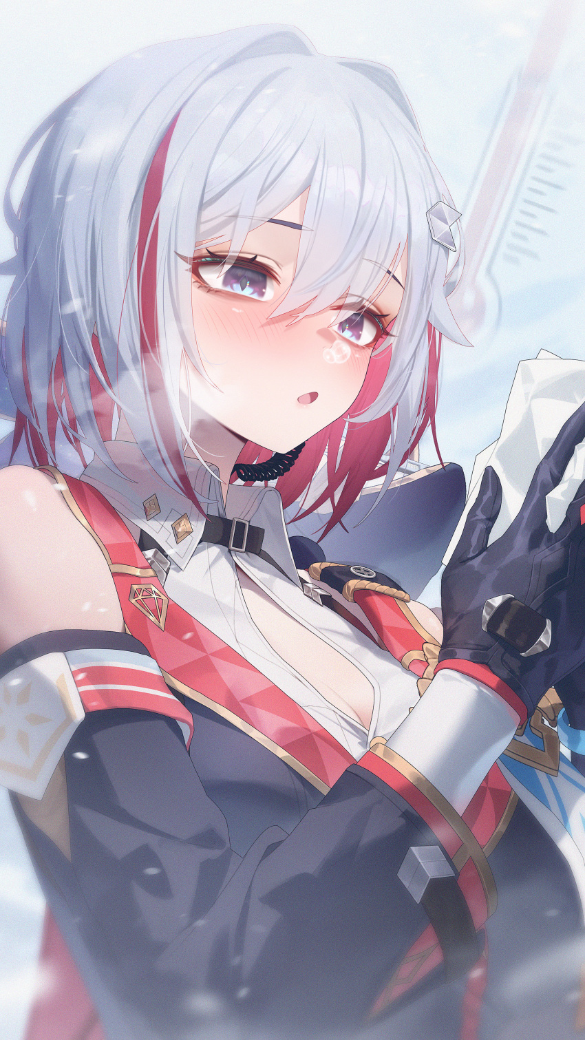 1girl :o absurdres bare_shoulders black_gloves black_sleeves blue_eyes blush breasts cold colored_inner_hair commentary_request detached_sleeves diamond-shaped_pupils diamond_(shape) earpiece gloves hair_between_eyes hair_ornament highres holding_tissue honkai:_star_rail honkai_(series) medium_breasts multicolored_hair nose_bubble numby_(honkai:_star_rail) open_mouth partial_commentary pink_hair short_hair streaked_hair sushispin symbol-shaped_pupils topaz_(honkai:_star_rail) trotter_(honkai:_star_rail) upper_body white_hair
