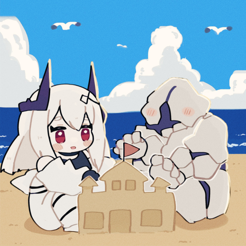 1girl 1other :o arknights beach bird black_choker black_gloves black_shirt blue_sky blush blush_stickers building_sand_sculpture chibi choker cloud commentary_request day demon_horns flag full_body gloves hair_between_eyes hair_ornament highres horns jumpsuit long_hair mudrock_(arknights) mudrock_(elite_ii)_(arknights) mudrock_colossus_(arknights) ocean open_jumpsuit open_mouth outdoors red_eyes rock sand_castle sand_sculpture seagull shirt sky someyaya white_hair white_jumpsuit