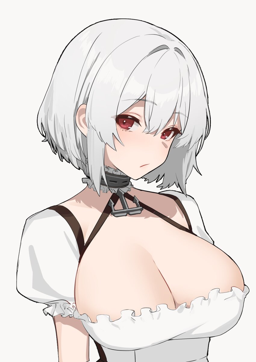 1girl absurdres azur_lane breasts cleavage collar commentary frilled_collar frilled_shirt frilled_sleeves frills hair_between_eyes halterneck highres large_breasts looking_at_viewer oregano_(olgn_eao) puffy_short_sleeves puffy_sleeves red_eyes shirt short_sleeves sirius_(azur_lane) solo upper_body white_hair white_shirt