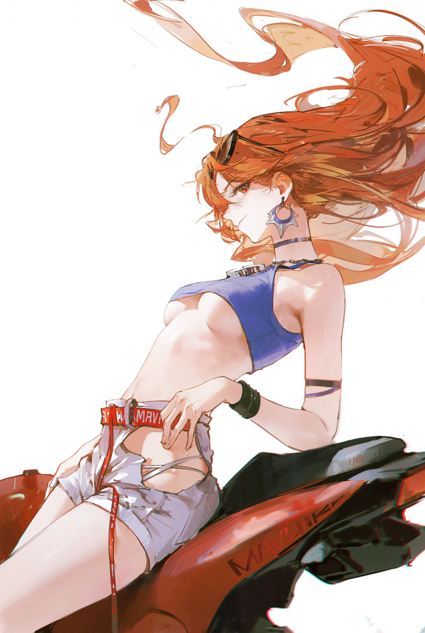 1girl absurdres adapted_costume ahoge alternate_costume borrowed_design breasts contemporary dino_(dinoartforame) earrings genshin_impact highres jewelry leaning_against_motorcycle long_hair mavuika_(genshin_impact) motor_vehicle motorcycle multicolored_hair navel orange_eyes orange_hair red_hair smile tank_top two-tone_hair underboob very_long_hair