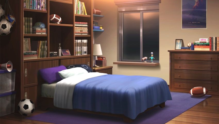 american_football_(object) ball baseball_cap basket bed bedroom blanket book bookshelf carpet desk_lamp figure hat highres indoors lamp megaphone no_humans non-web_source official_art our_life our_life:_beginnings_and_always pillow poster_(object) scenery soccer_ball too_many too_many_books trophy variant_set window wooden_floor