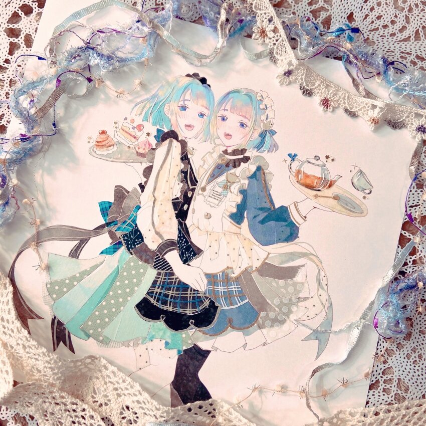 2boys :d apron back_bow black_apron black_thighhighs blue_bow blue_dress blue_eyes blue_ribbon blunt_bangs blunt_ends blush bow cake cake_slice character_request choker commentary_request crossdressing cup dessert dress ensemble_stars! feet_out_of_frame food frilled_apron frilled_choker frilled_headwear frills glass_teapot grey_bow grey_ribbon hair_ribbon hands_up highres holding holding_tray long_sleeves looking_at_viewer maid_headdress male_focus masking_tape_(medium) mixed_media multiple_boys oikoko_koko open_mouth parted_bangs photo_(medium) ribbon shino_hajime short_hair sidelocks smile teacup teaspoon thighhighs traditional_media trap tray unconventional_media white_apron white_background white_dress white_headdress white_ribbon white_thighhighs