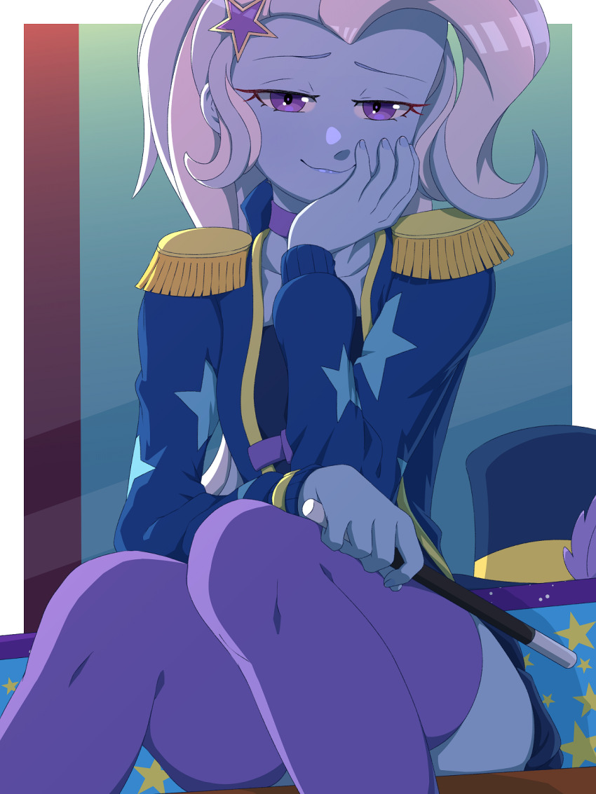 1girl blue_coat blue_hair blue_skin coat colored_skin commentary english_commentary epaulettes hair_ornament hand_on_own_face hat highres holding holding_wand long_hair looking_at_viewer magician my_little_pony my_little_pony:_equestria_girls my_little_pony:_friendship_is_magic personification purple_eyes purple_thighhighs rockset sitting solo star_(symbol) star_hair_ornament thighhighs trixie_lulamoon trixie_lulamoon_(equestria_girls) unworn_hat unworn_headwear wand zettai_ryouiki