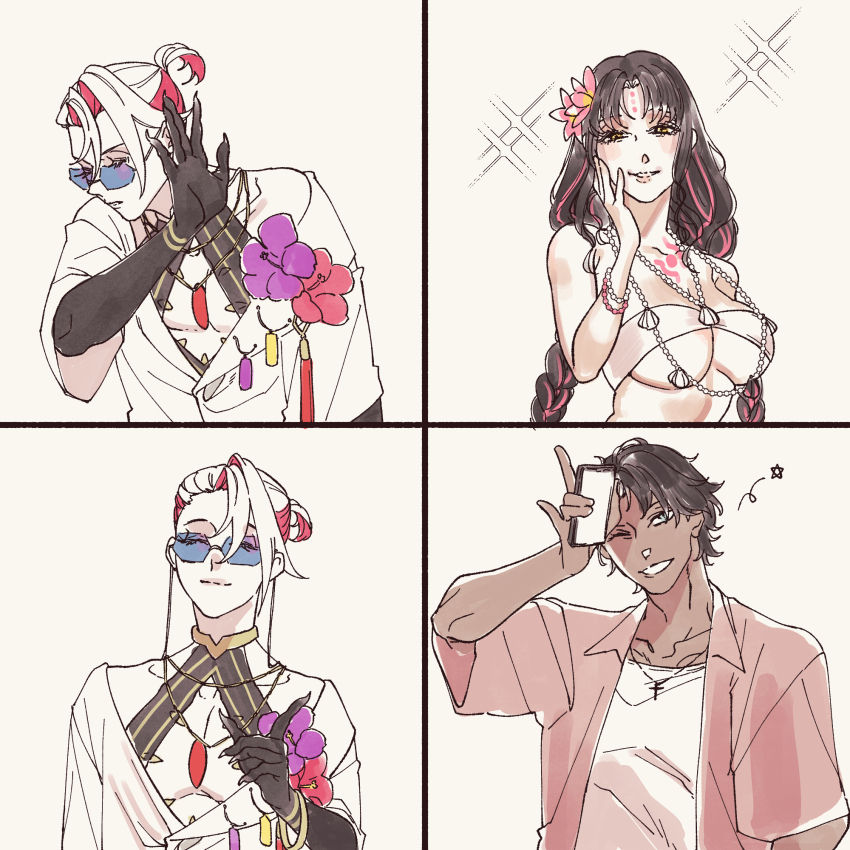 1girl 2boys bartholomew_roberts_(fate) bartholomew_roberts_(smiley_summer_wear)_(fate) bikini black_hair blue_eyes braid breasts chest_jewel dark-skinned_male dark_skin drakeposting_(meme) facial_mark fate/grand_order fate_(series) flower forehead_mark frown hair_flower hair_ornament highres index_finger_raised jewelry karna_(fate) karna_(summer_outfit)_(fate) large_breasts long_hair meme multicolored_hair multiple_boys necklace official_alternate_costume one_eye_closed open_mouth pale_skin pearl_necklace pink_hair ponytail red_hair rejection sessyoin_kiara sessyoin_kiara_(swimsuit_mooncancer) sessyoin_kiara_(swimsuit_mooncancer)_(first_ascension) shirt short_hair short_ponytail simple_background sm_(s10261913m) smile streaked_hair sunglasses swimsuit tattoo twin_braids white_background white_hair white_shirt yellow_eyes