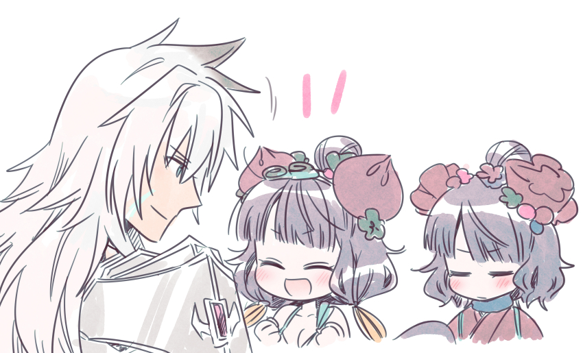 1boy 2girls absurdres bikini black_hair clenched_hands closed_eyes closed_mouth commentary dual_persona fate/grand_order fate_(series) flower hair_bun hair_flower hair_ornament highres katsushika_hokusai_(fate) katsushika_hokusai_(swimsuit_saber)_(fate) long_hair looking_at_another multiple_girls open_mouth rakuji_tarahi short_hair siegfried_(fate) simple_background single_hair_bun smile swimsuit unamused white_background white_bikini white_hair