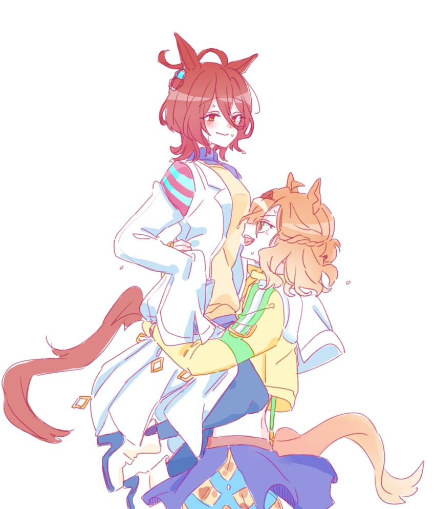 2girls absurdres agnes_tachyon_(umamusume) ahoge animal_ears black_pantyhose boots braid brown_eyes brown_hair crop_top cropped_jacket hair_between_eyes high_heel_boots high_heels highres horse_ears horse_girl horse_tail jacket jungle_pocket_(umamusume) lab_coat long_sleeves multiple_girls open_clothes pantyhose purple_skirt seila_rei simple_background skirt sleeves_past_fingers sleeves_past_wrists sweat sweater_vest tail umamusume white_background white_boots yellow_jacket
