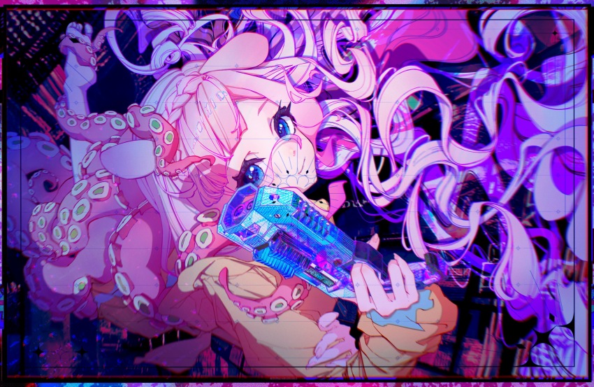 1girl absurdres animal_ears apex_legends b3_wingman barefoot blue_eyes braid commission finger_on_trigger floating_hair gun hand_on_own_arm handgun highres holding holding_gun holding_weapon hood hood_down hoodie indie_virtual_youtuber kiramii kuromuzou_(vtuber) long_hair looking_at_viewer making-of_available neon_palette pink_hair procreate_(medium) revolver smile soles tentacles too_many_watermarks very_long_hair virtual_youtuber watermark weapon yellow_hoodie