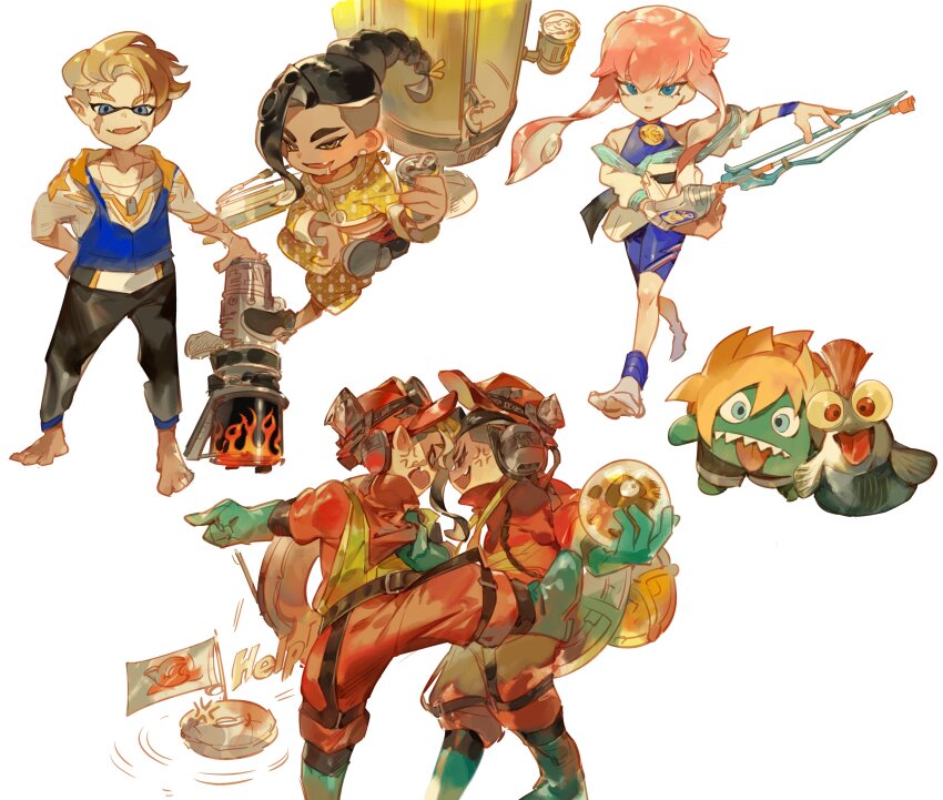 1girl 2boys absurdres alternate_species anger_vein arguing blanka-chan blaster_(splatoon) can collage crossover dq_eir drinking face-to-face golden_egg_(splatoon) highres jamie_siu lifebuoy luke_sullivan manon_legrand multiple_boys nintendo pointing salmon_run_(splatoon) simple_background smallfry_(splatoon) splatoon_(series) splatoonification squiffer_(splatoon) swim_ring tacticooler_(splatoon) white_background