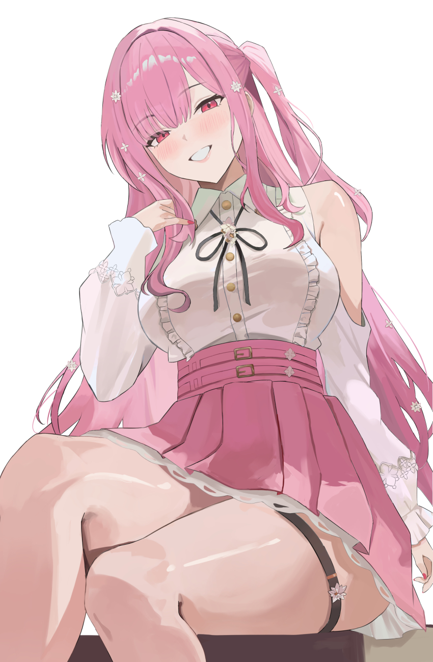 1girl absurdres blunt_bangs blush breasts buttons clothing_cutout collared_shirt corset fingernails flower from_below hair_flower hair_ornament hand_up high-waist_skirt highres hololive hololive_english large_breasts lips long_hair long_sleeves looking_at_viewer miko_4013 mori_calliope mori_calliope_(kawaiiope) official_alternate_costume official_alternate_hairstyle one_side_up pink_hair pink_nails pink_skirt pleated_skirt puffy_long_sleeves puffy_sleeves red_eyes shirt shirt_tucked_in shoulder_cutout sitting skirt smile solo string_bowtie teeth thick_thighs thigh_strap thighs underbust virtual_youtuber white_background white_shirt