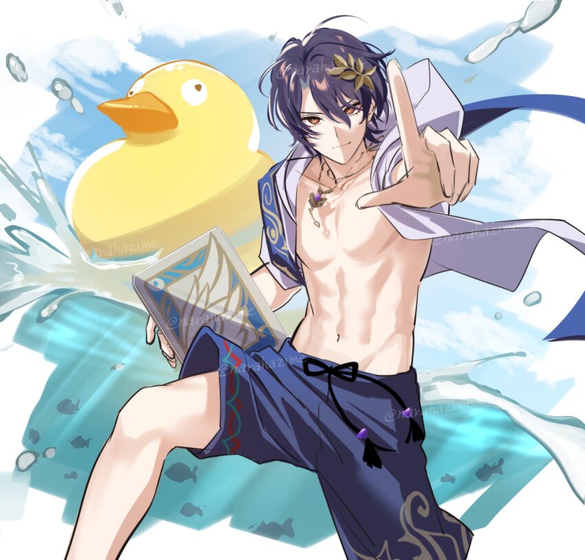 1boy abs artist_name blue_shorts blue_sky book closed_mouth cloud collarbone commentary_request day dr._ratio_(honkai:_star_rail) drawstring eyeliner fish gem hair_between_eyes hair_ornament highres holding holding_book honkai:_star_rail honkai_(series) jewelry looking_at_viewer makeup male_focus male_swimwear multicolored_eyes narahazime navel necklace open_clothes open_shirt outdoors outstretched_arm oversized_object parted_bangs pectorals purple_gemstone purple_hair red_eyeliner red_eyes rubber_duck shirt short_hair short_sleeves shorts sky smile solo splashing stomach swim_trunks tassel twitter_username v-shaped_eyebrows water white_shirt yellow_eyes