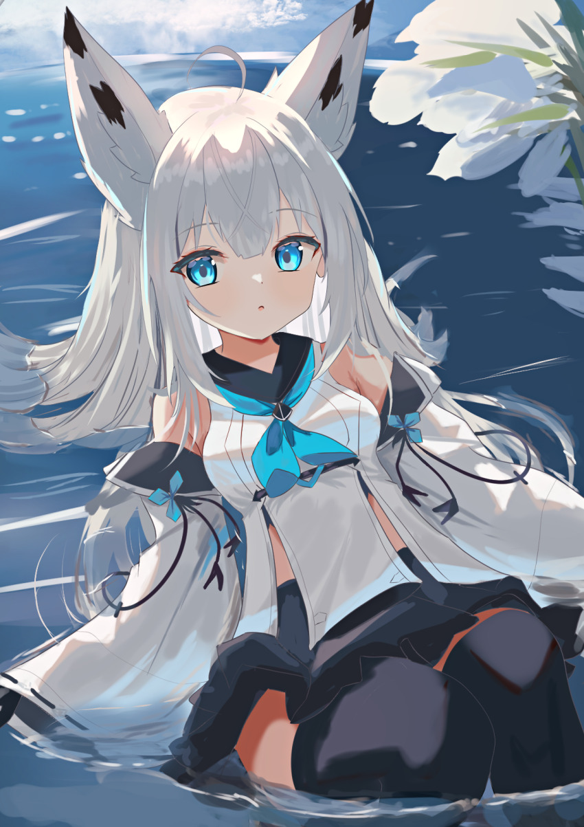 1girl animal_ears azur_lane black_sailor_collar black_skirt black_thighhighs blue_eyes blue_neckerchief detached_sleeves fox_ears fox_girl highres kawakaze_(azur_lane) long_hair lying natsuki_(natsu_1936) neckerchief partially_submerged ribbon-trimmed_clothes ribbon_trim sailor_collar skirt thighhighs white_hair wide_sleeves